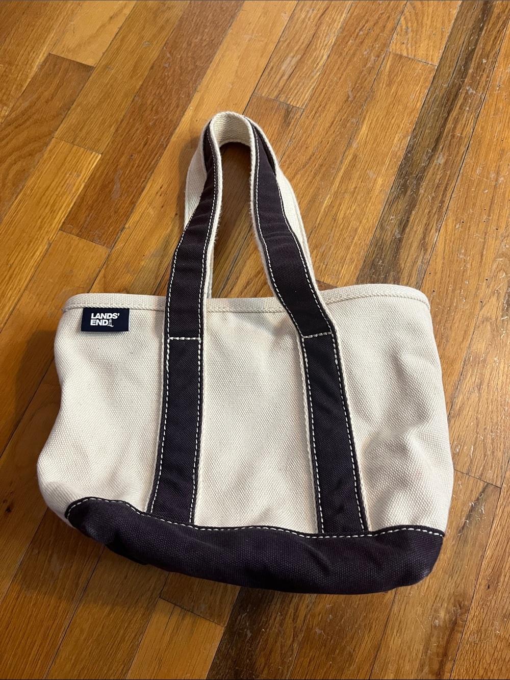 XSmall Lands' End Cream Canvas Messenger Tote with Blue Trim